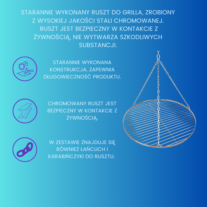 Ruszt do grilla węglowego, chromowany 70 cm, łatwy w czyszczeniu