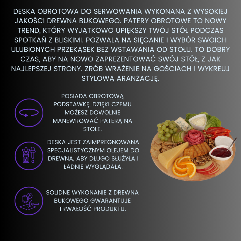 Deska do serwowania 40 cm, obrotowa, podział na przekąski, piknik