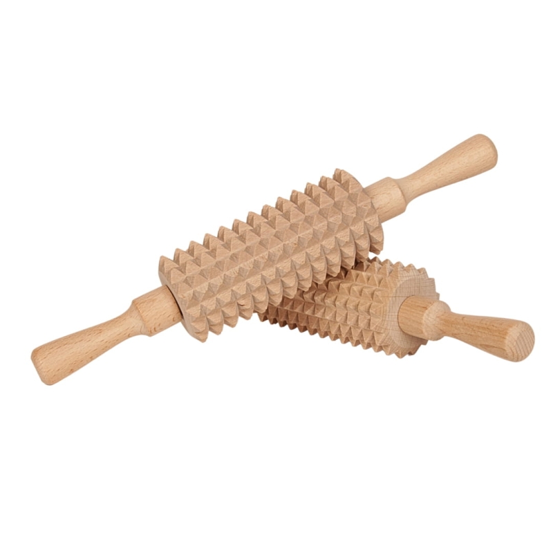 Ergonomiczny wałek do automasażu, wykonany z drewna, 28 cm długości, łagodzi bóle mięśniowe.