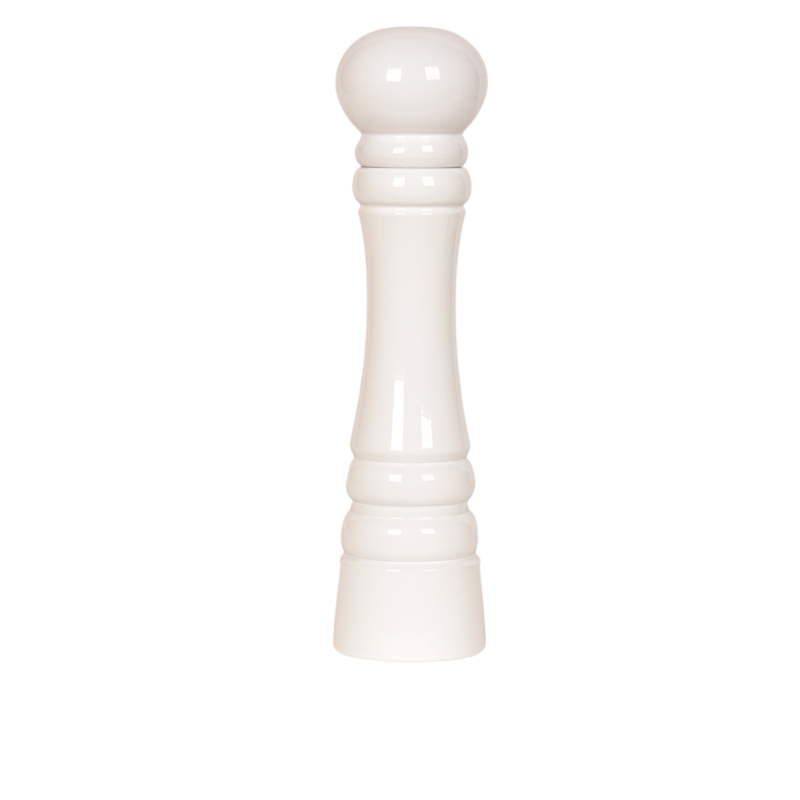 Elegancki biały młynek premium o klasycznym designie, wysokość 32 cm, z regulowanym mechanizmem mielenia.
