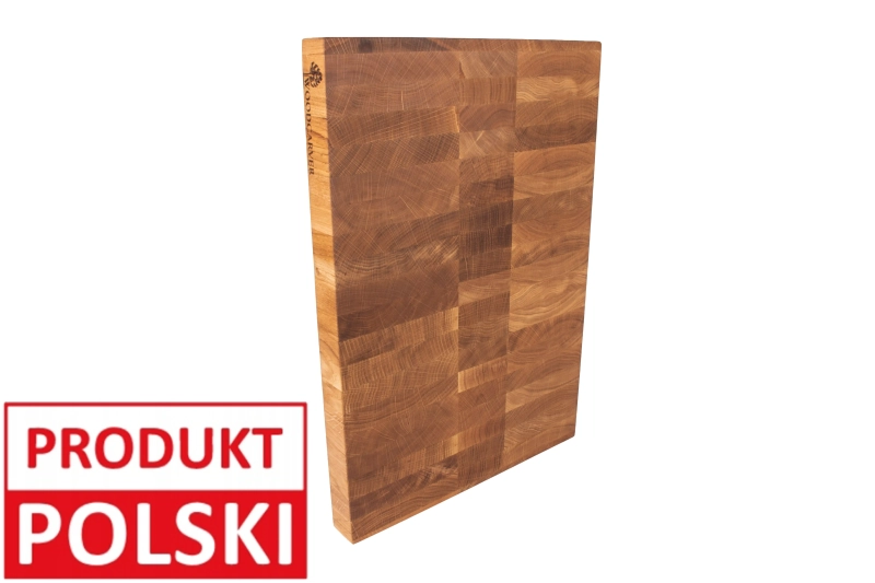 Duża deska sztorcowa dębowa z oznaczeniem Produkt Polski - logo Woodcarver, lite drewno, ręczna robota."