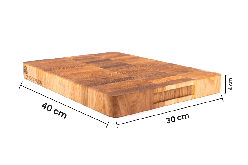 Deska sztorcowa dębowa średnia 40x30x4 cm – widok z wymiarami: długość 40 cm, szerokość 30 cm, grubość 4 cm.