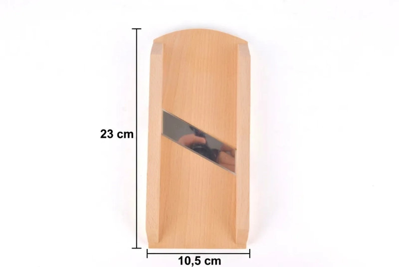 Szatkownica 1-nożowa mini – widok z wymiarami: wysokość 23 cm, szerokość 10,5 cm, z osadzonym metalowym ostrzem.