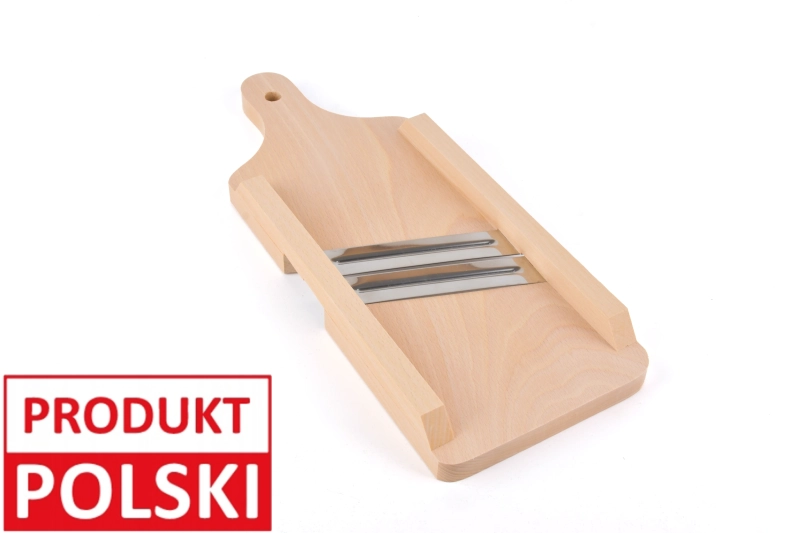 Szatkownica 2-nożowa XS – drewniane narzędzie kuchenne z dwoma ostrzami i uchwytem, oznaczone jako Produkt Polski.