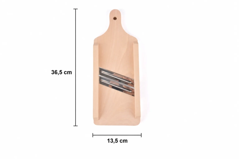 Szatkownica 2-nożowa XS – widok z wymiarami: wysokość 36,5 cm, szerokość 13,5 cm, z dwoma osadzonymi ostrzami.