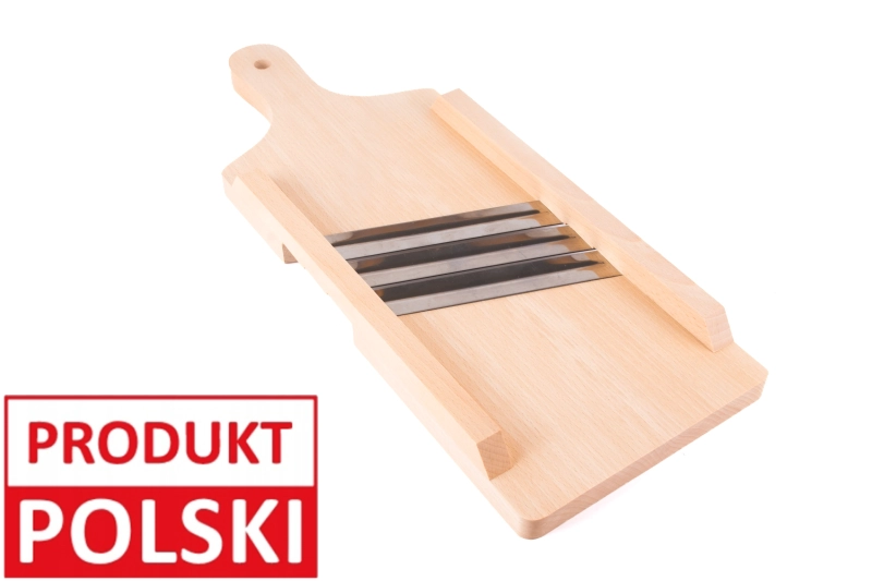 Szatkownica 3-nożowa S – drewniane narzędzie kuchenne z trzema ostrzami i uchwytem, oznaczone jako Produkt Polski.