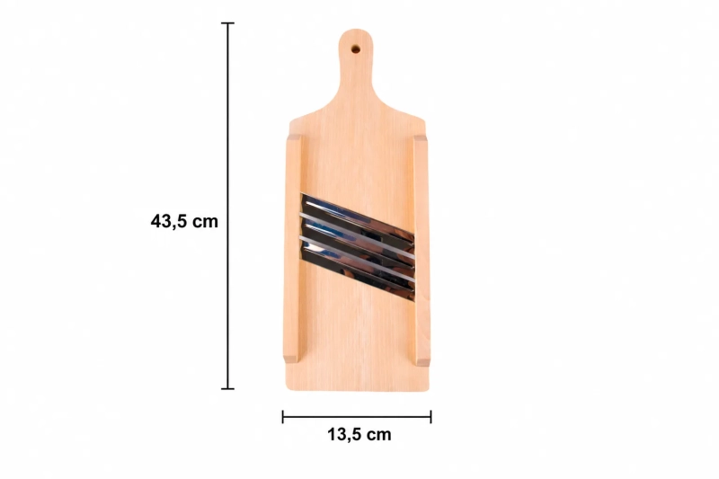 Szatkownica 3-nożowa S – widok z wymiarami: wysokość 43,5 cm, szerokość 13,5 cm, z trzema osadzonymi ostrzami.