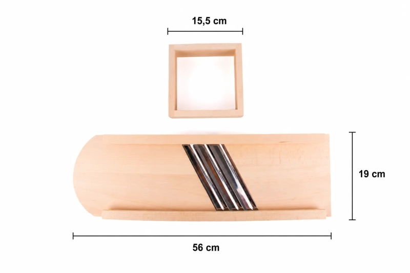 Szatkownica 3-nożowa z szufladką L – widok z wymiarami: długość 56 cm, szerokość 19 cm, szufladka 15,5 cm.