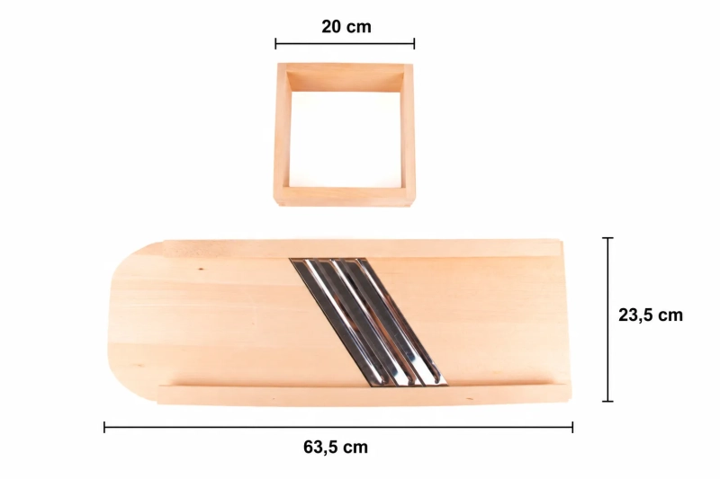 Szatkownica 3-nożowa z szufladką XL – widok z wymiarami: długość 63,5 cm, szerokość 23,5 cm, szufladka 20 cm.