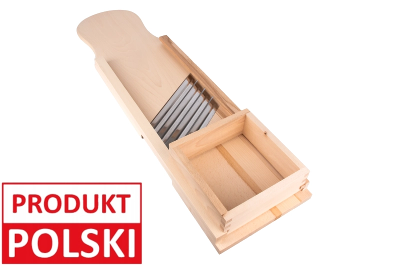 Szatkownica 4-nożowa z szufladką XXL – drewniany zestaw z czterema ostrzami i szufladką, oznaczony jako Produkt Polski.