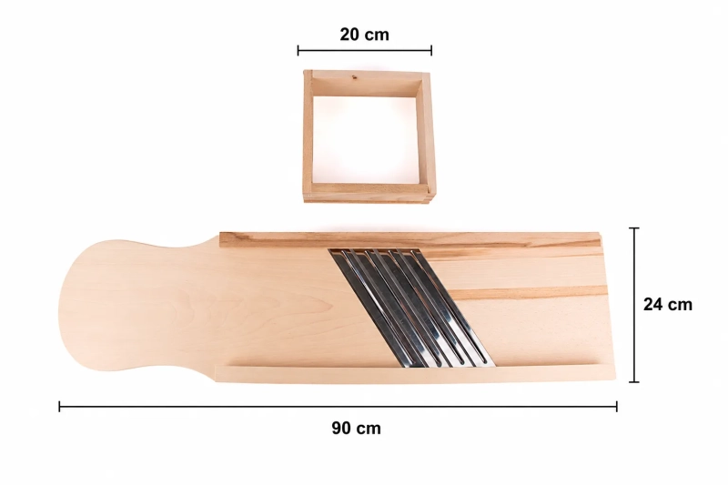 Szatkownica 4-nożowa z szufladką XXL – widok z wymiarami: długość 90 cm, szerokość 24 cm, szufladka 20 cm.