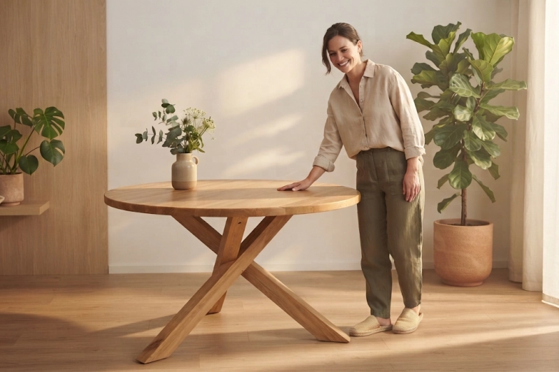 Okrągły stół dębowy 120 cm, solidny i elegancki mebel, który idealnie sprawdzi się w jadalni lub salonie - aranżacja