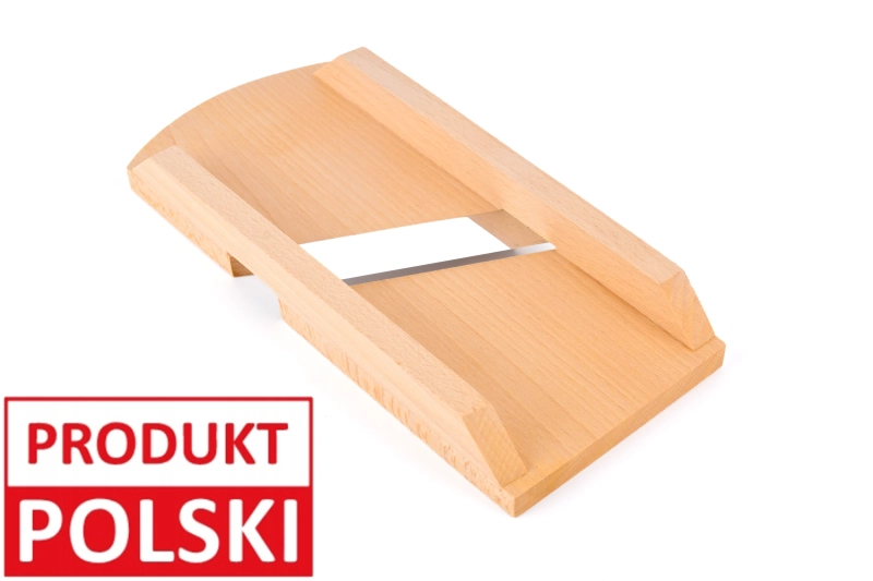 Szatkownica 1-nożowa mini – drewniane narzędzie kuchenne z metalowym ostrzem, oznaczone jako Produkt Polski.