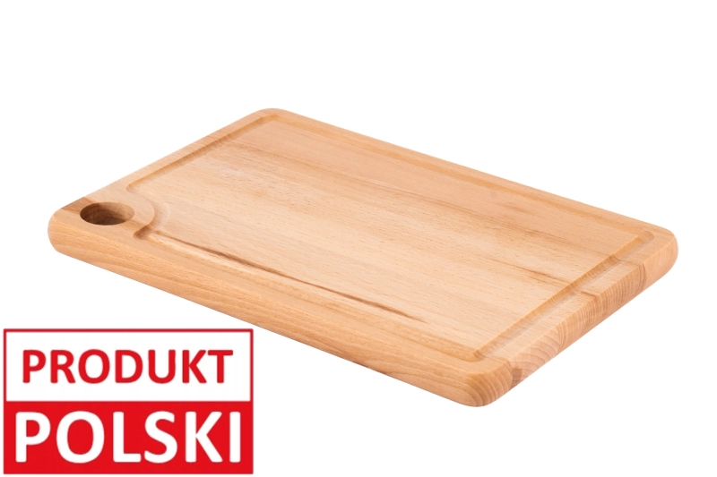 Mała deska do krojenia Koluszko z oznaczeniem Produkt Polski - drewniana, z rowkiem na sok, ręcznie wykonana w Polsce.