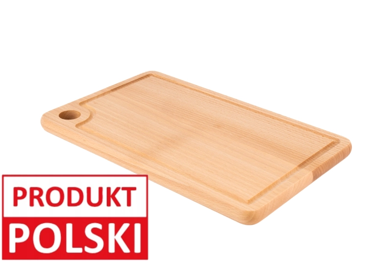 Średnia deska do krojenia Koluszko z oznaczeniem Produkt Polski - drewniana, z rowkiem na sok, ręcznie wykonana w Polsce.
