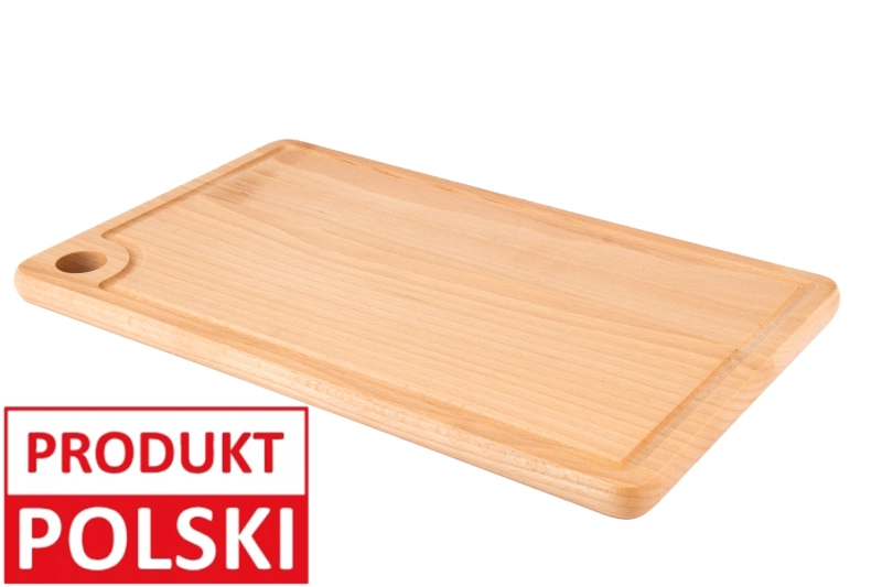 Średnia deska do krojenia Koluszko z oznaczeniem Produkt Polski - drewniana, z rowkiem na sok, ręcznie wykonana w Polsce.