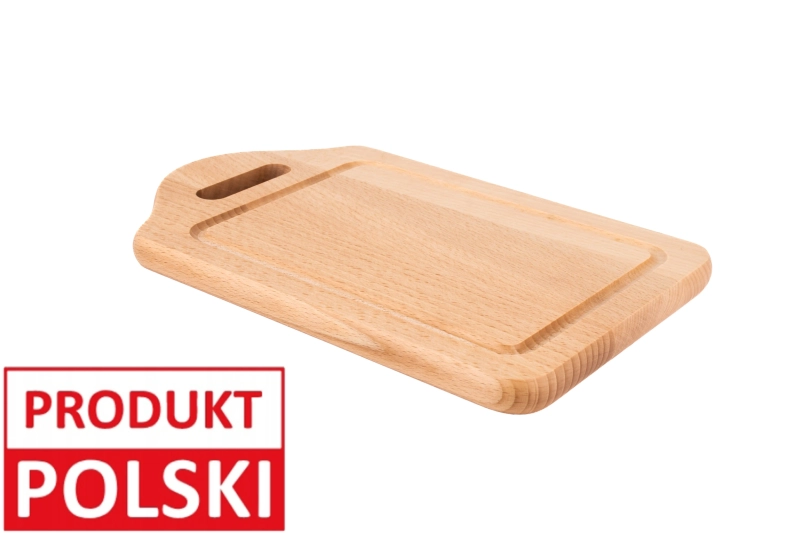 Mała deska do krojenia z uchwytem z oznaczeniem Produkt Polski - drewniana, z rowkiem na sok, ręcznie wykonana w Polsce.
