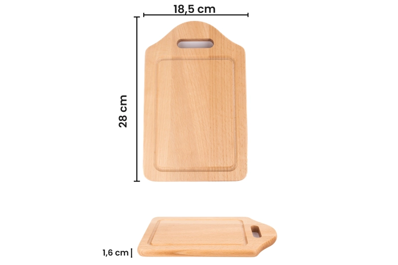 Wymiary deski do krojenia z uchwytem mała: 18,5 x 28 cm, grubość 1,6 cm - widok z góry i z boku, polska produkcja.