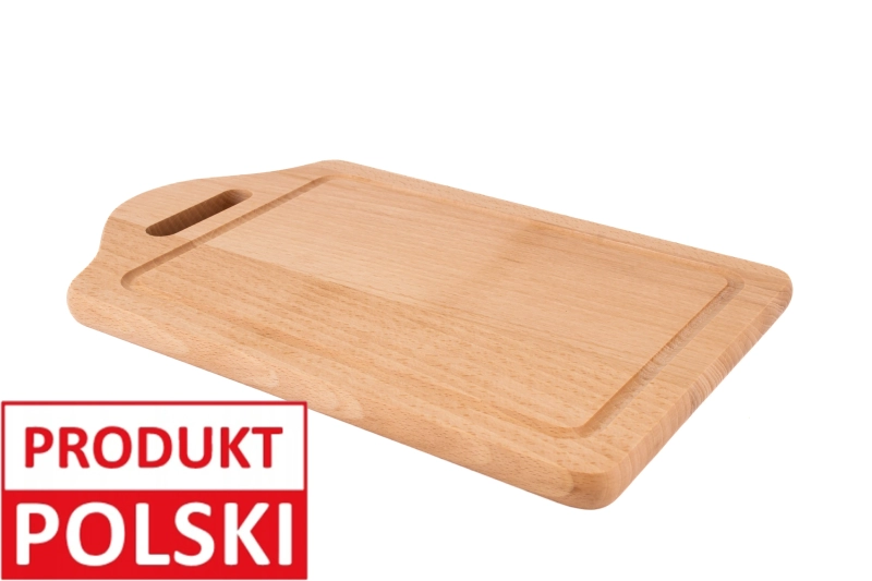 Średnia deska do krojenia z uchwytem z oznaczeniem Produkt Polski - drewniana, z rowkiem na sok, ręcznie wykonana w Polsce.