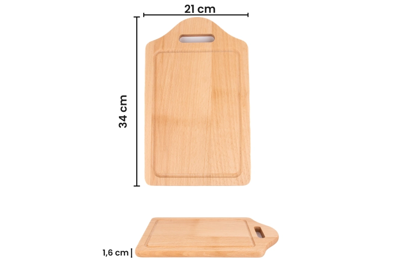 Wymiary deski do krojenia z uchwytem średnia: 21 x 34 cm, grubość 1,6 cm - widok z góry i z boku, polska produkcja.