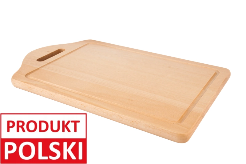 Duża deska do krojenia z uchwytem z oznaczeniem Produkt Polski - drewniana, z rowkiem na sok, ręcznie wykonana w Polsce.