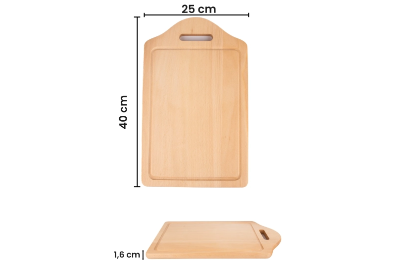 Wymiary deski do krojenia z uchwytem duża: 25 x 40 cm, grubość 1,6 cm - widok z góry i z boku, polska produkcja.