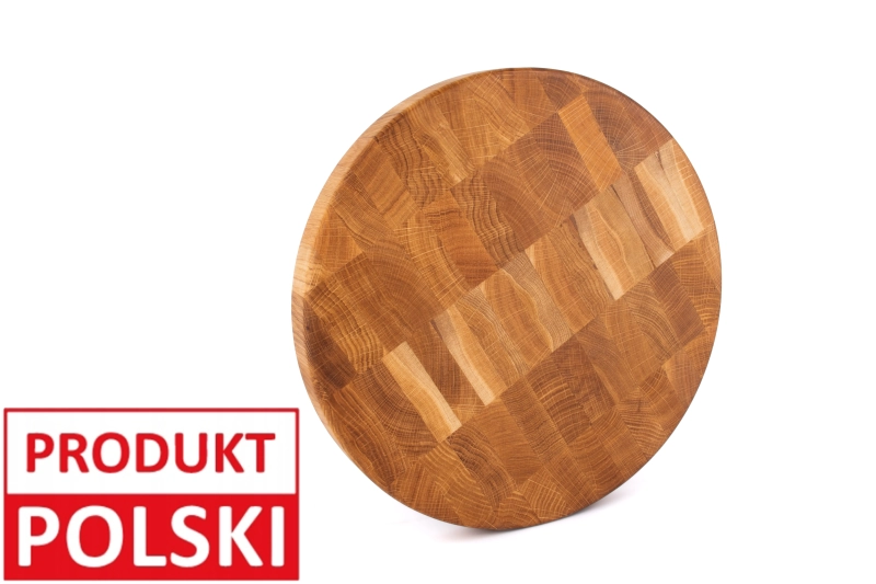 Okrągła deska sztorcowa dębowa z oznaczeniem Produkt Polski - lite drewno, sztorcowy układ klocków, ręczna robota."