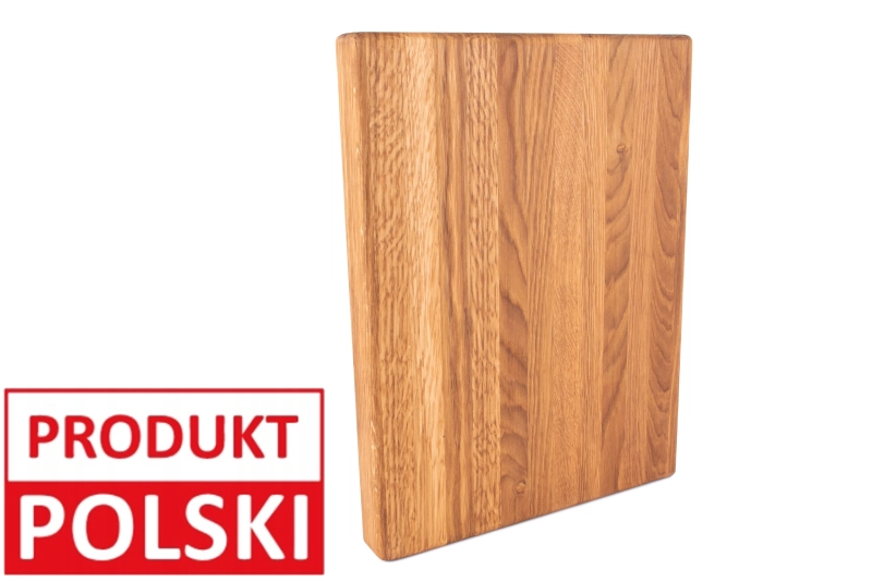 Deska blok dębowy z oznaczeniem Produkt Polski - lite drewno, prosty układ słojów, ręczna robota.