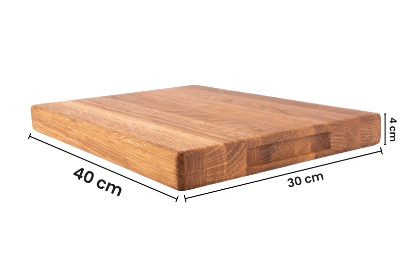 Wymiary deski blok dębowy: 40 x 30 cm, grubość 4 cm - widok z boku i z góry
