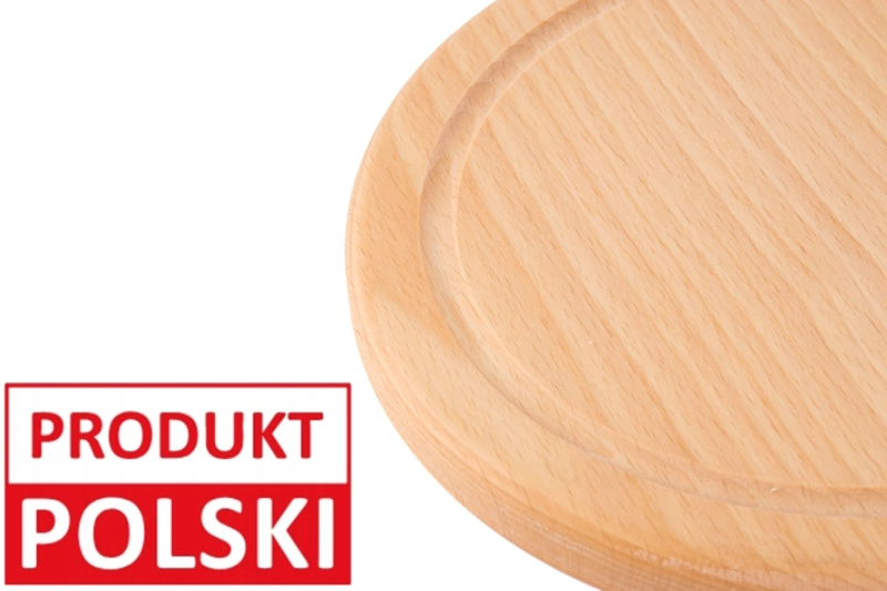 Okrągła deska do krojenia fi 20 z rowkiem z oznaczeniem Produkt Polski - lite drewno, ręczna robota.