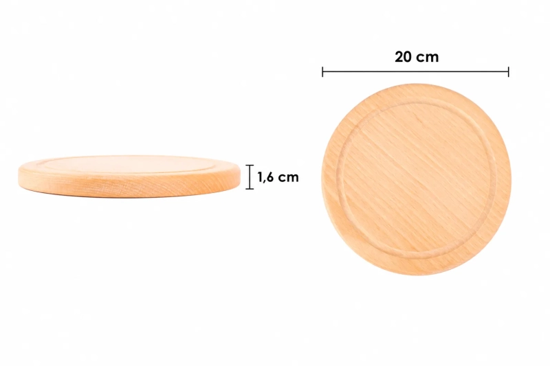 Wymiary okrągłej deski do krojenia z rowkiem: średnica 20 cm, grubość 1,6 cm - widok z boku i z góry