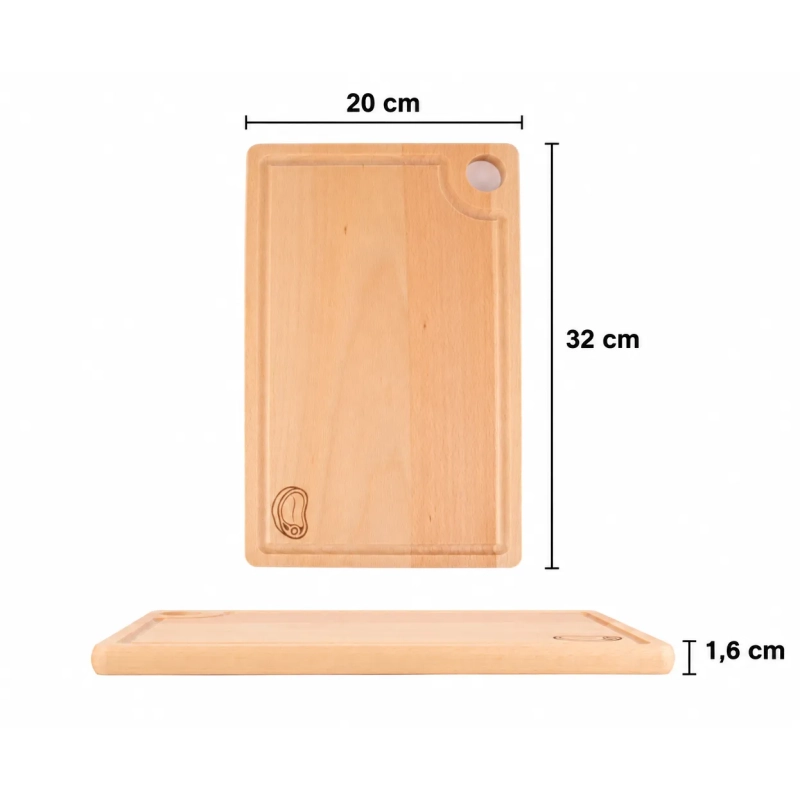 Komplet desek bukowych z grawerem – widok z wymiarami: wysokość 32 cm, szerokość 20 cm, grubość 1,6 cm.