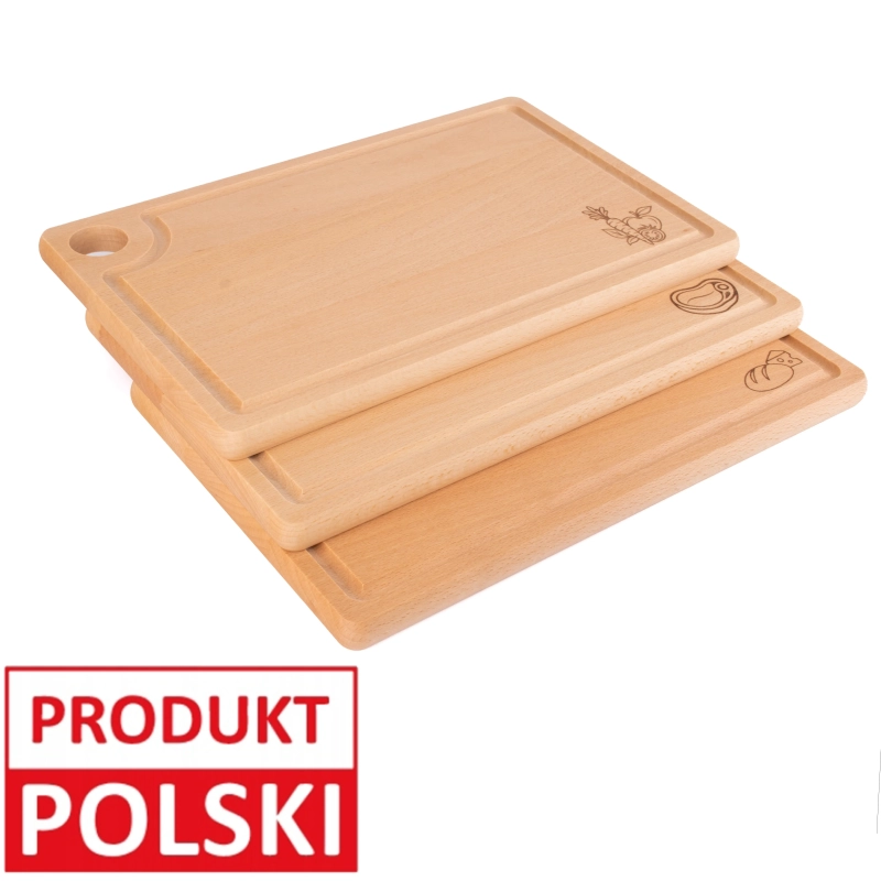Komplet desek bukowych z grawerem – trzy drewniane deski kuchenne, polska produkcja, oznaczone jako Produkt Polski.