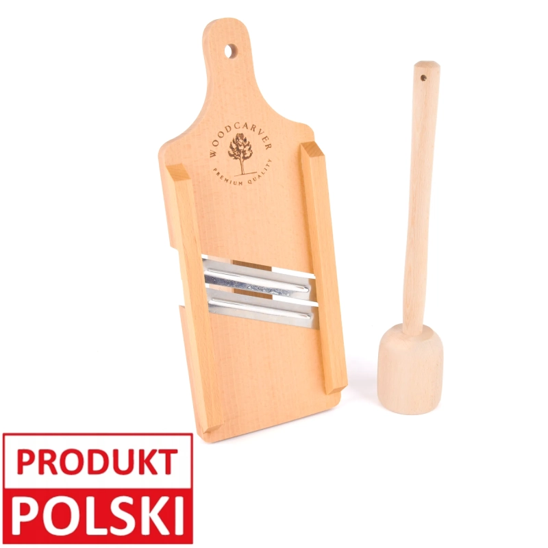 Komplet do kiszenia MINI S2N + Tłuczek 32 – drewniana szatkownica z dwoma ostrzami i tłuczek do kapusty, oznaczone jako Produkt Polski.