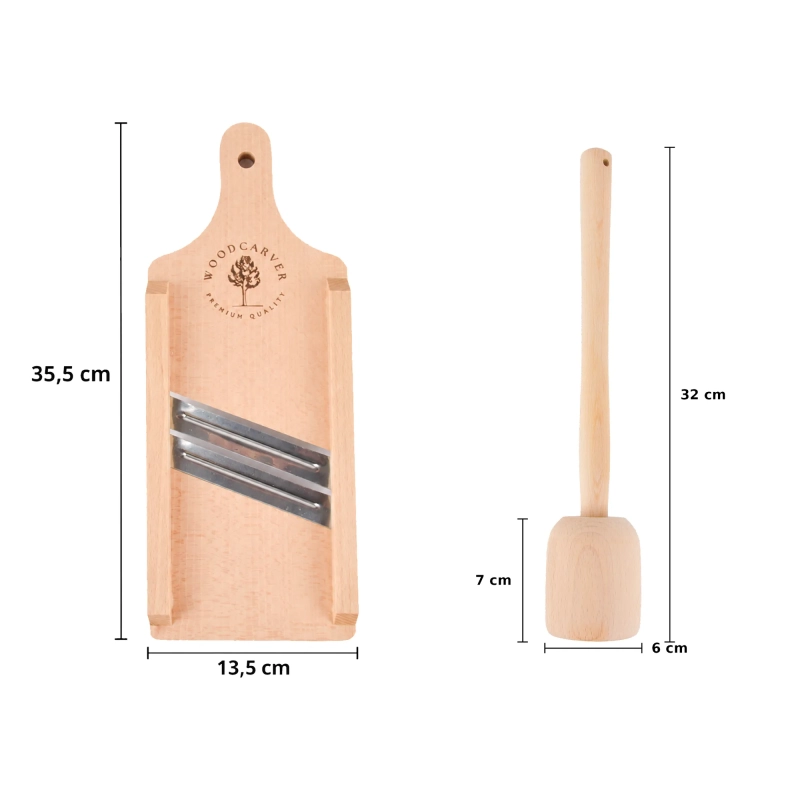 Komplet do kiszenia MINI S2N + Tłuczek 32 – widok z wymiarami: szatkownica 35,5 x 13,5 cm, tłuczek 32 cm, główka 7 cm wysokości i 6 cm szerokości.