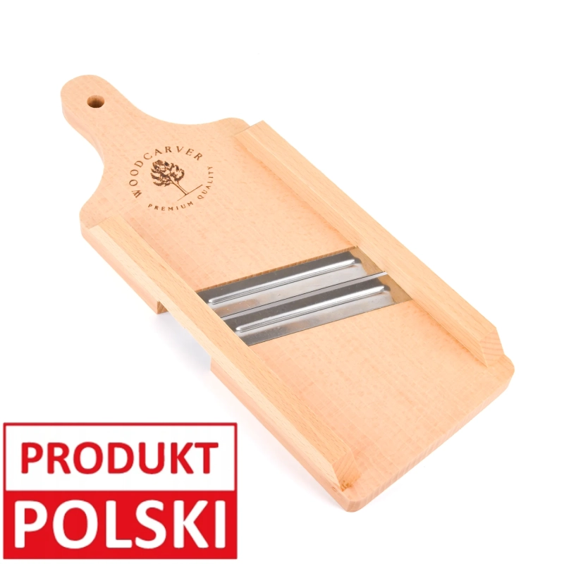 Szatkownica 2-nożowa XS z grawerem – drewniane narzędzie kuchenne z dwoma ostrzami i wypalonym logo, oznaczone jako Produkt Polski.