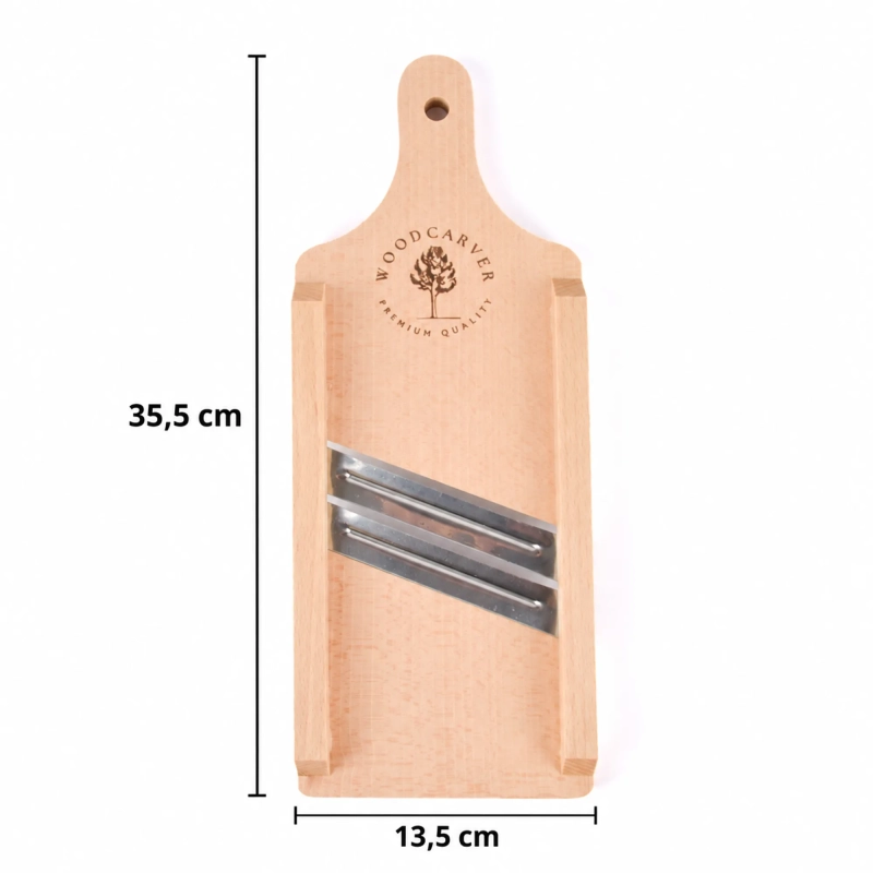 Szatkownica 2-nożowa XS z grawerem – widok z wymiarami: wysokość 35,5 cm, szerokość 13,5 cm, z dwoma osadzonymi ostrzami.