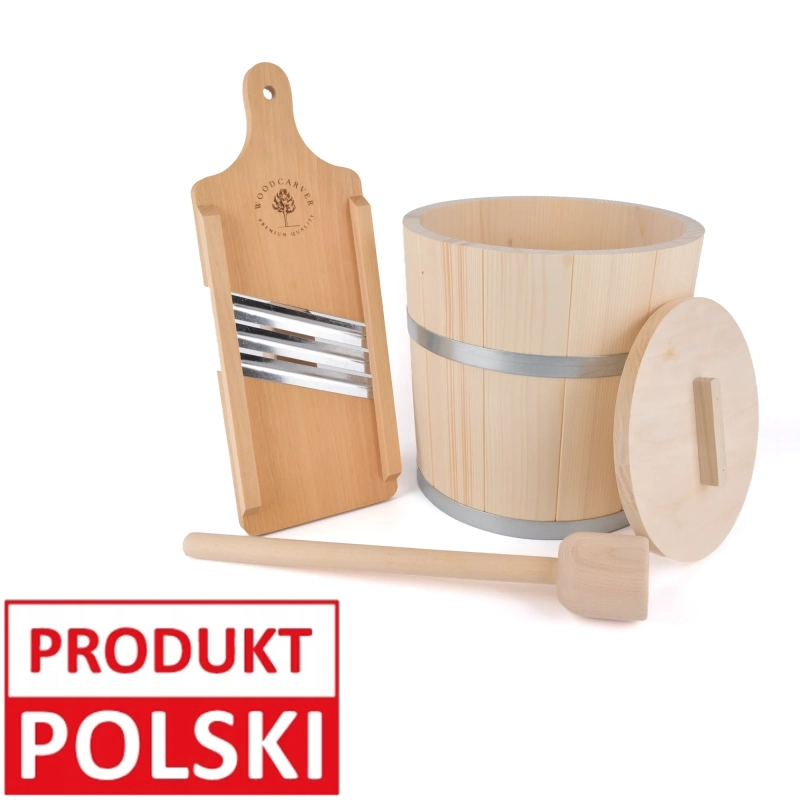 Komplet do kiszenia CLASSIC S3N + Tłuczek 40 + Wiadro 10L – drewniany zestaw do kiszenia kapusty, oznaczony jako Produkt Polski.