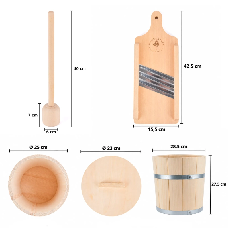 Komplet do kiszenia CLASSIC S3N + Tłuczek 40 + Wiadro 10L – widok z wymiarami: szatkownica 42,5x15,5 cm, tłuczek 40 cm, wiadro 28,5x27,5 cm, pokrywa Ø 23 cm.