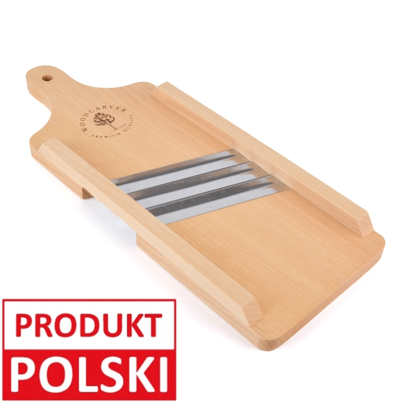 Szatkownica 3-nożowa S z grawerem – drewniane narzędzie kuchenne z trzema ostrzami i grawerem logo, oznaczone jako Produkt Polski.