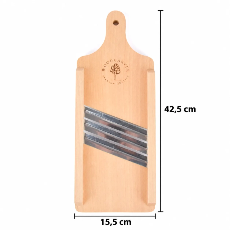 Szatkownica 3-nożowa S z grawerem – widok z wymiarami: wysokość 42,5 cm, szerokość 15,5 cm, z trzema osadzonymi ostrzami.