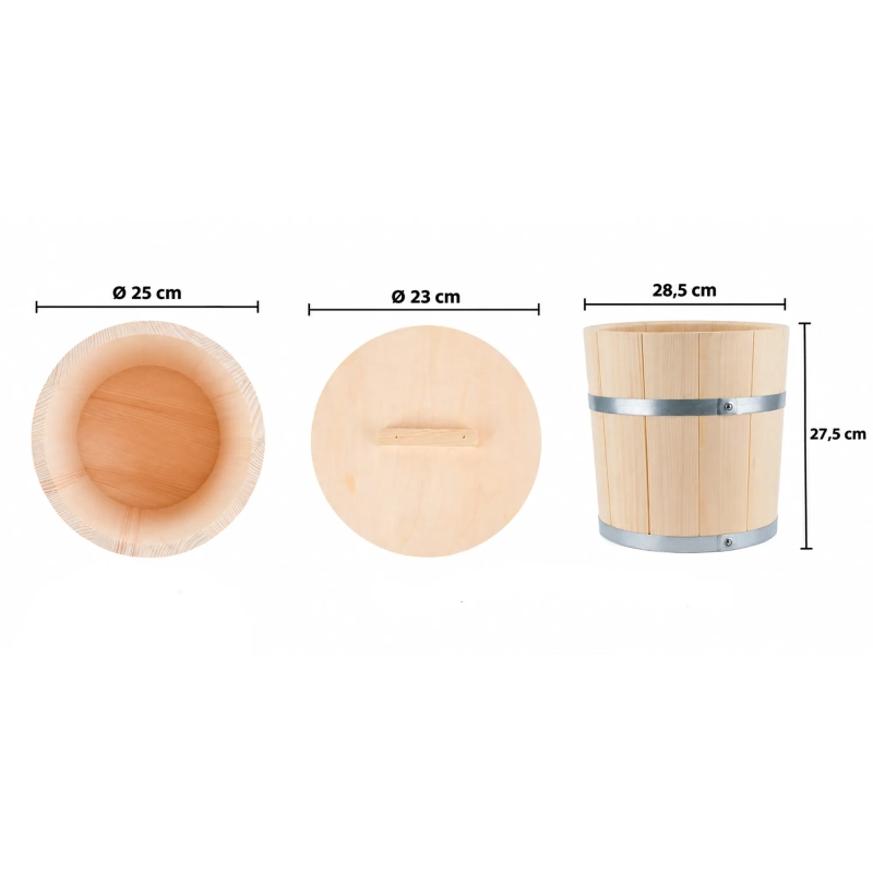 Wiadro do kiszenia 10L – widok z wymiarami: szerokość 28,5 cm, wysokość 27,5 cm, średnica wnętrza 25 cm, pokrywa Ø 23 cm.
