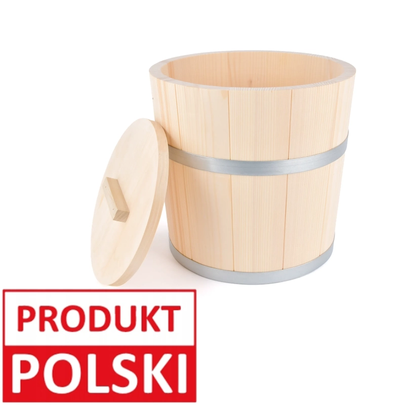 Wiadro do kiszenia 10L – drewniane wiadro z klepek z metalowymi obręczami i pokrywą z uchwytem, oznaczone jako Produkt Polski.