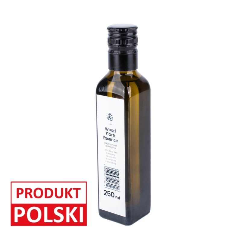 Olej do pielęgnacji drewnianych desek 250 ml – butelka z ciemnego szkła z czarną zakrętką, oznaczony jako Produkt Polski.