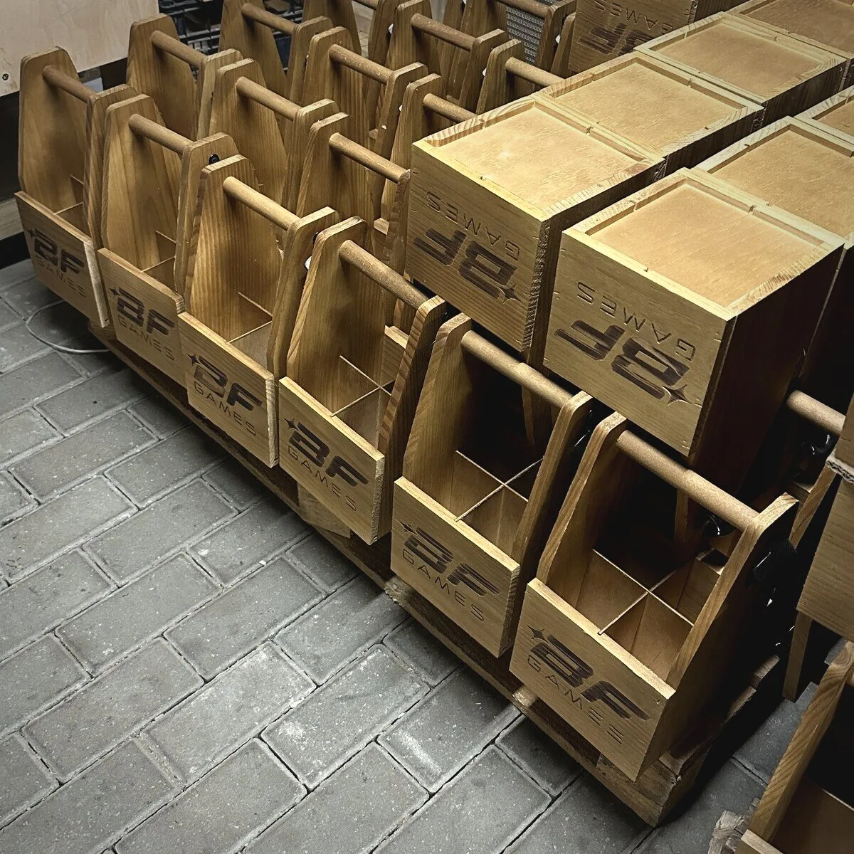 Crates with a company logo, batch order